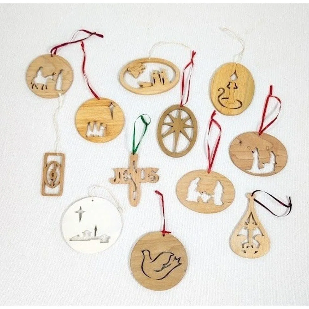 12 Set Vintage Wooden Christmas Ornaments Religious Nativity Jesus Star Handmade